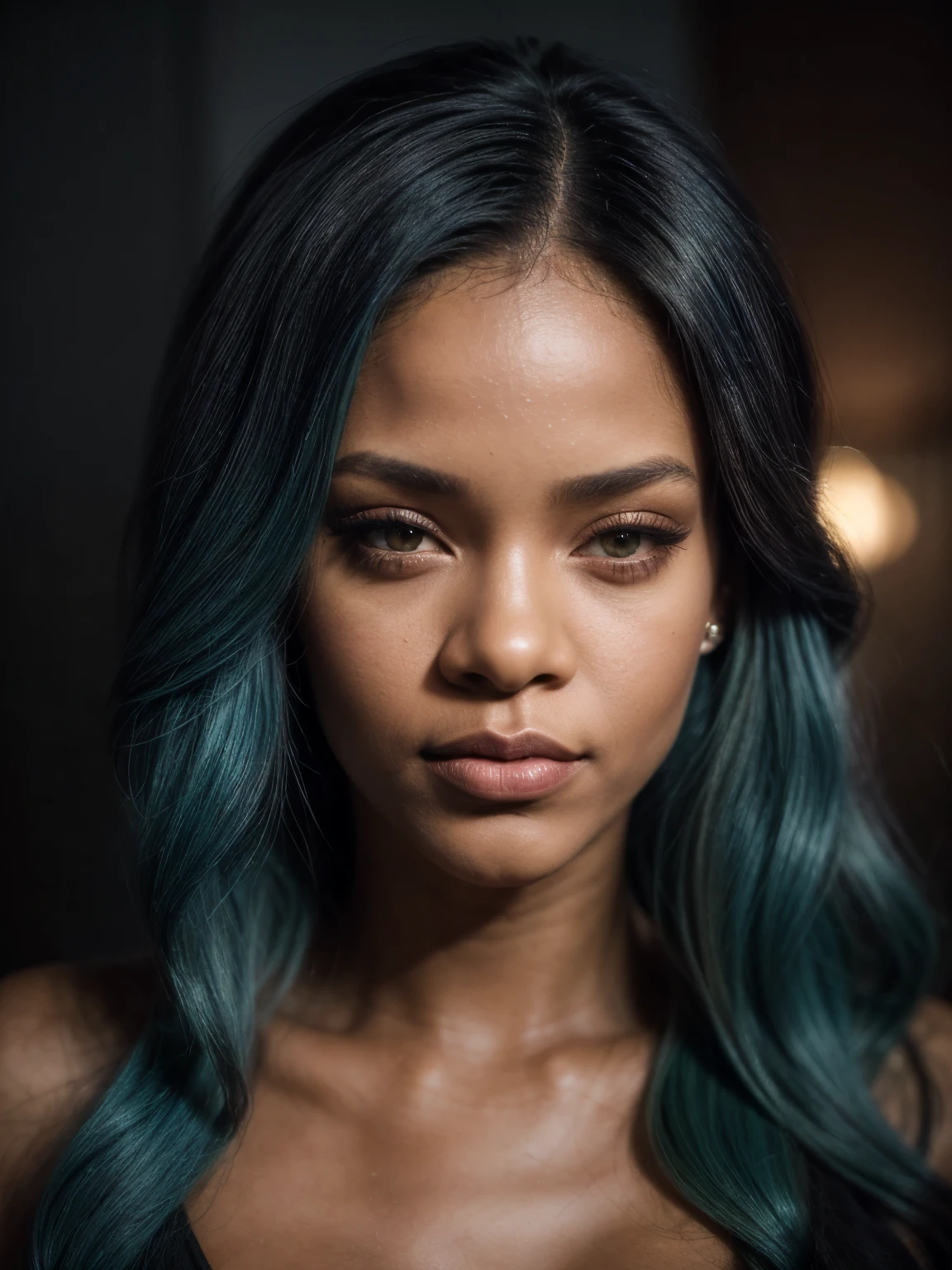 (close-up, 1 woman, 26 years old, coloured long blue hair, Mix out of 150% Rihanna and 50% Alicia Keys, 172cm height, 68kg weight, soft curly intense long red hair, clear green eyes, long dark black lashes, perfectly shaped dark black eyebrows, dark caramel tanned skin, slim and well-defined body, curvy body, elegant thin nose, small ears, full lips, white teeth, small soft ladylike hands, painted fingernails, wearing a pink joggingsuite:1.2), (highly detailed face:1.4) (smile:1.1), (background inside dark, moody, living room:1.3), POV, by lee jeffries, nikon d850, film stock photograph, 4 kodak portra 400, camera f1.6 lens, rich colors, hyperrealistic, lifelike texture, dramatic lighting, cinestill 800