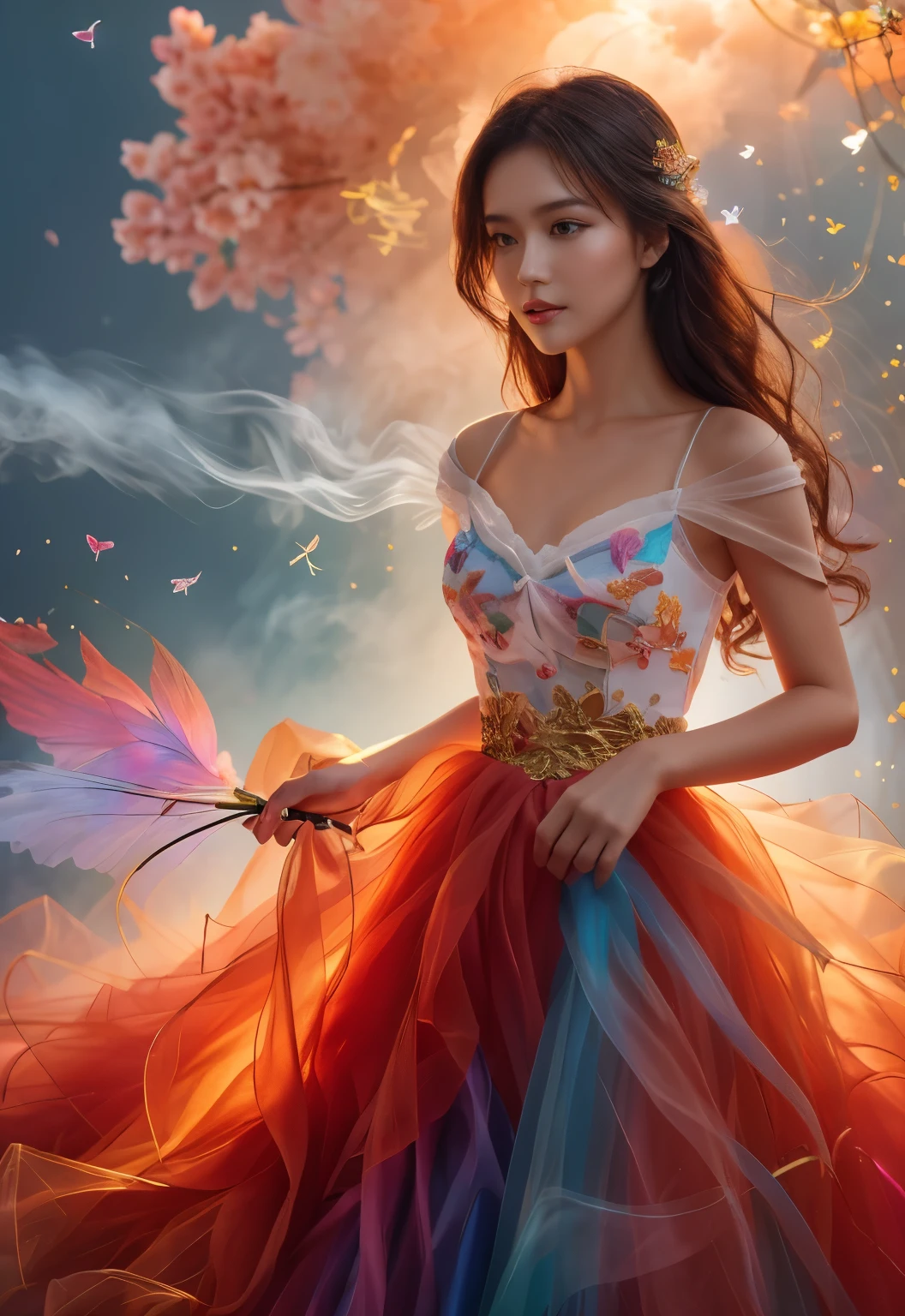 1girl,cloud,smoke,floating hair
Atmosphere, portrait, photography, girl in the garden, thousands of flower colored glaze styles, meteors, butterflies, swords, (best quality, 4K, high resolution, masterpiece: 1.2), bright colors, detailed flowers, sparkling glass, charming patterns, delicate petals, glowing sword hilt, ethereal light, complex blades, rotating stars, charming atmosphere,