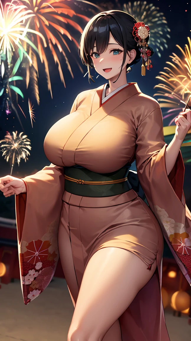 (mature woman, 45yo:1.5), (gigantic breasts:1.4), (curvy body:1.3).high resolution, extremely detailed CG, unity 8k wallpaper, super detailed skin, perfect anatomy, detailed, cinematic lighting, dynamic lighting, beautiful detailed eyes. (Japanese Festival, in the Festival with fireworks:1.6), (walking:1.2), gigantic breasts.
(kimono:1.5), her hair is short and black、Your smile is wonderful and open mouth. The skin is radiant. heart.