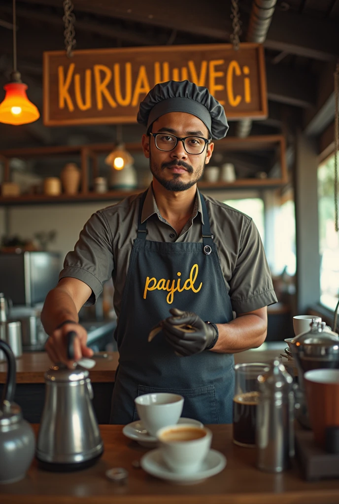 Image mode landscape wide view, created a hensom man with a slightly medium body, glasses, Malay face, 27 year, very little short, thin, and neat beard and mustache. Barista hat and shirt, he was a restaurant waiter who delivered a cup of warm coffee to are beautiful women hijab, glasses, sitting are chair and facing camera, The Barista Shirt making word Gold inscription "payid", the background is outside village cafe.hanging a signboard behind the man that says 'Kopi Kampung', the image is very detailed, super HD