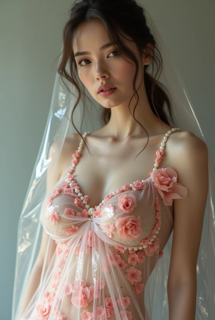 Professional model fair skin posing in a fashion photoshoot、This is a super realistic photo. She is completely wrapped in a transparent film, Under the film there are many flowers covering the skin. The shot is a mid-body shot、Large Breasts