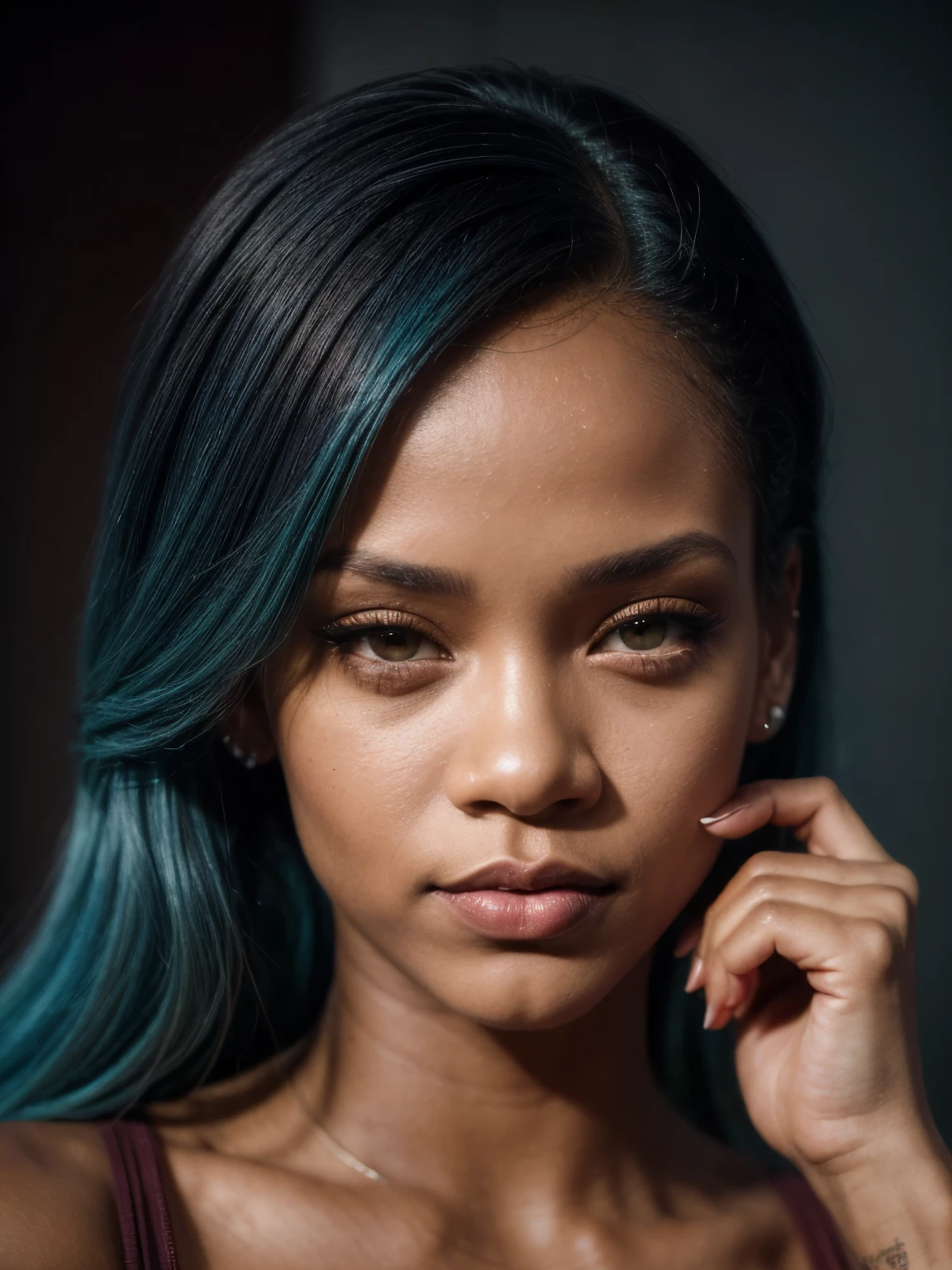 (close-up, 1 woman, 26 years old, coloured long blue hair, Mix out of 150% Rihanna and 50% Alicia Keys, 172cm height, 68kg weight, soft curly intense long red hair, clear green eyes, long dark black lashes, perfectly shaped dark black eyebrows, dark caramel tanned skin, slim and well-defined body, curvy body, elegant thin nose, small ears, full lips, white teeth, small soft ladylike hands, painted fingernails, wearing a pink joggingsuite:1.2), (highly detailed face:1.4) (smile:1.1), (background inside dark, moody, living room:1.3), POV, by lee jeffries, nikon d850, film stock photograph, 4 kodak portra 400, camera f1.6 lens, rich colors, hyperrealistic, lifelike texture, dramatic lighting, cinestill 800