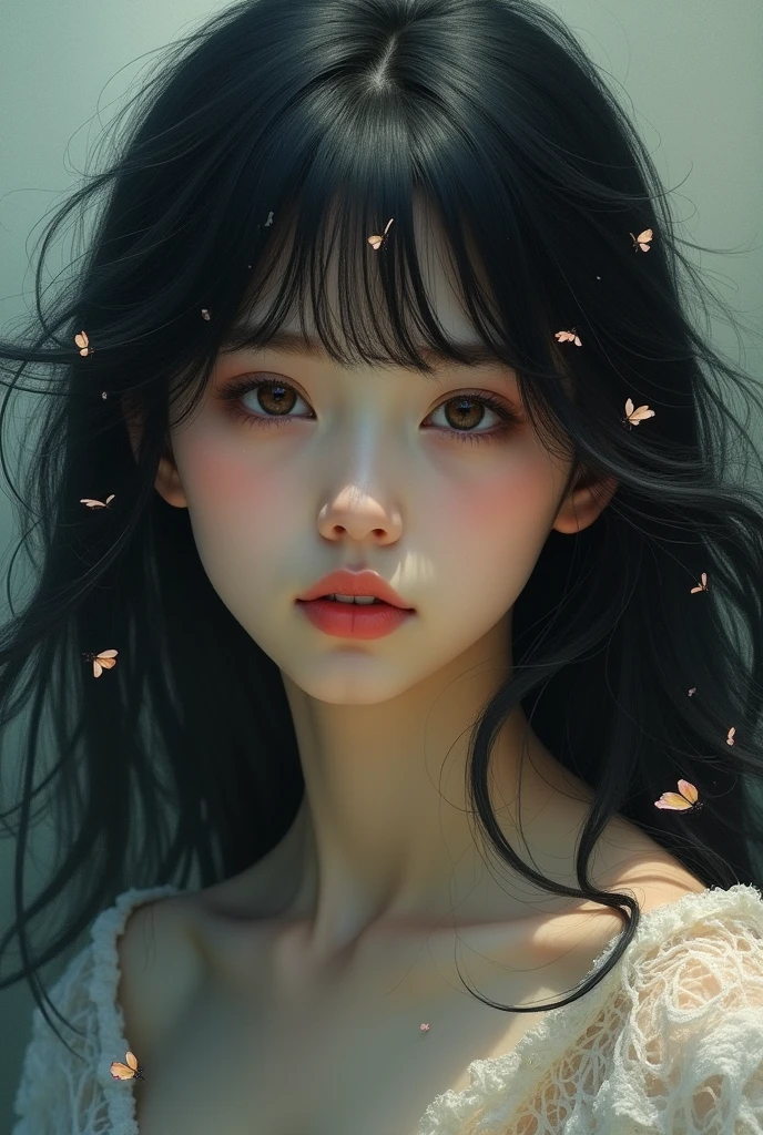 A girl with black hair and bangs 