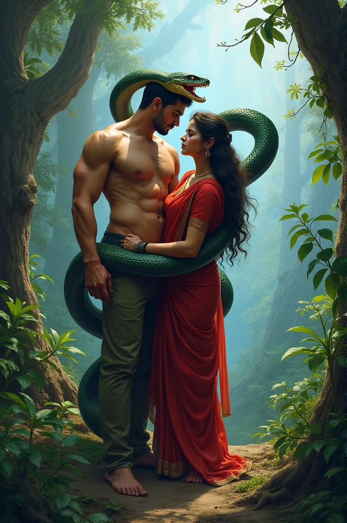 person which half body is man body and half body is snake tail head part is man body and legs part is snake tail voluptuous snake who wrapped his tail around a Nepali woman in the forest and that woman is wearing a Nepali red saree and the environment is very beautiful and blue sky in the forest