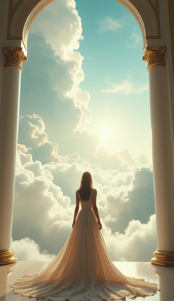 This image depicts a stunning, ethereal scene that looks like a blend of fantasy and reality. A figure, possibly a woman, is standing with her back facing the viewer, adorned in an elegant, flowing gown with intricate gold accents. The setting appears to be a grand palace or temple suspended in the clouds, with tall, ornate columns and arches that frame a breathtaking sky filled with light and clouds. The overall ambiance is serene and majestic, evoking a sense of divine or heavenly presence. The lighting is soft and radiant, enhancing the dreamlike quality of the scene., cinematic photo, 35mm photograph, film, bokeh, professional, 4k, highly detailed, beautiful eyes, beautiful face, beautiful lips, best quality 32k