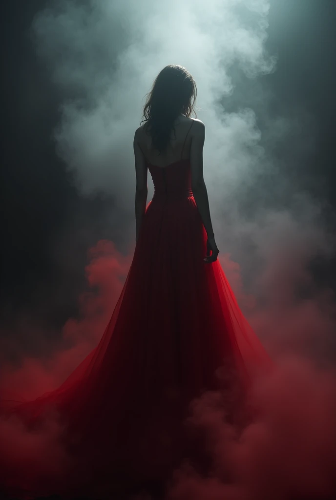 a perfect woman, perfect body, body is fading away in smoke, wearing a detailed red gown, shadowy figure, mysterious dark fog, horror atmosphere, intricate details, dramatic lighting, dramatic pose, cinematic, moody colors, dark fantasy, chiaroscuro, sci-fi, hyperrealistic, (best quality,4k,8k,highres,masterpiece:1.2),