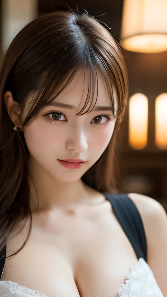 Tabletop, Highest quality, shape, Very detailed, High resolution, 8k wallpaper, Perfect dynamic composition, Ultra detailed face, Natural Lip , Cleavage, (The eyelashes on both eyes are equal and beautiful.), looking at the camera, Izakaya, (whole body)