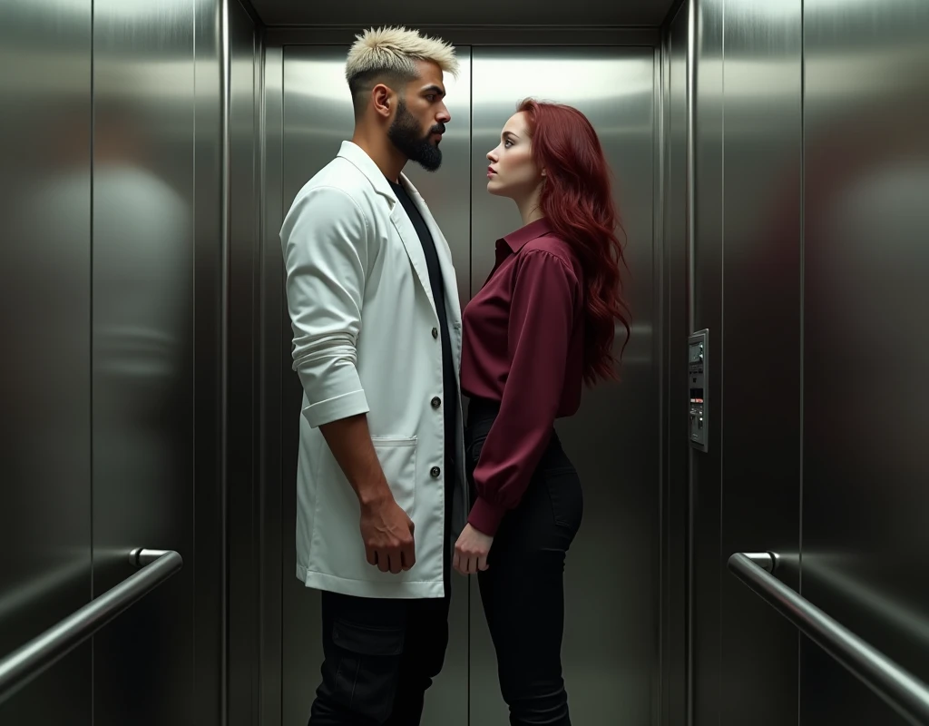 Photorealistic, cinematic, attractive young man (216cm tall:1.5) with crew cut platinum blond wavy swept-back hair, dark skin, long black stubble, Arabic-Egyptian features, white lab coat over a black t-shirt, black cargo pants and black boots, standing inside elevator next to a young woman bicep height (170cm short:1.2) vibrant maroon side-parted medium-length wavy hair, very pale skin, soft green silk work blouse, low-rise black pants and black boots.