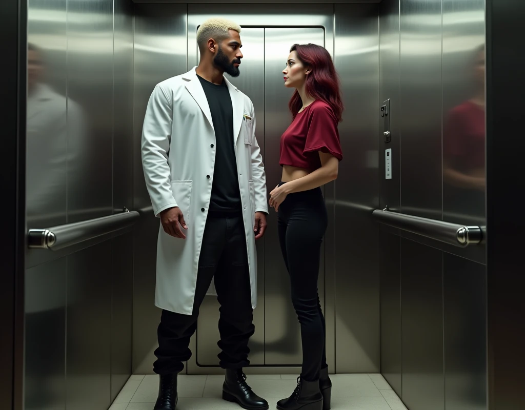 Photorealistic, cinematic, attractive young man (216cm tall:1.5) with crew cut platinum blond wavy swept-back hair, dark skin, long black stubble, Arabic-Egyptian features, white lab coat over a black t-shirt, black cargo pants and black boots, standing inside elevator next to a young woman bicep height (170cm short:1.2) vibrant maroon side-parted medium-length wavy hair, very pale skin, soft green silk work blouse, low-rise black pants and black boots. 