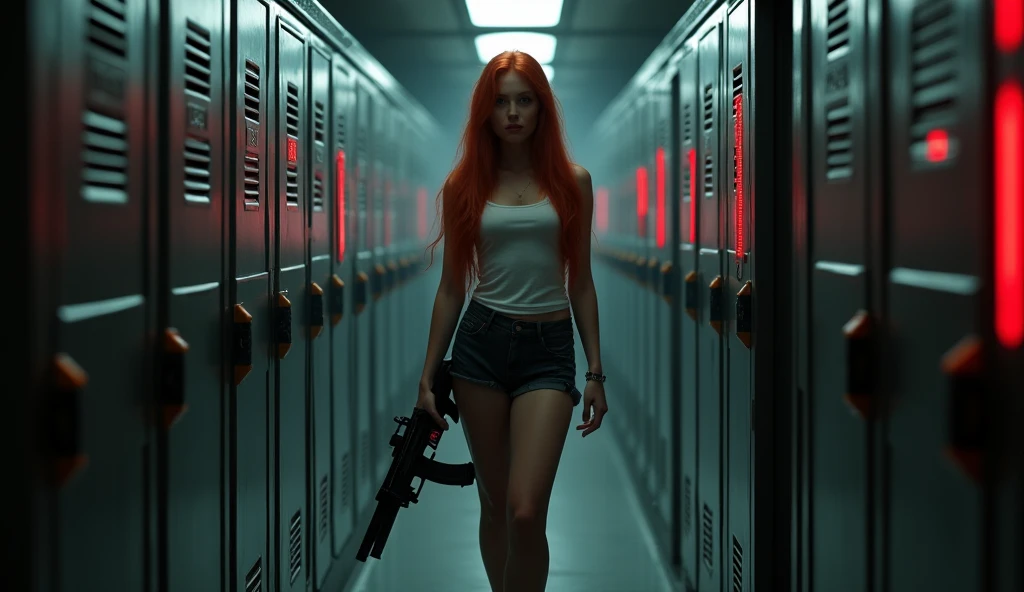 (full body shot:1) photorealistic image of a (standing pose:1) woman, ultrarealistic, photography, long red hair, woman, 24 years old, hourglass figure, perfect body, natural medium breasts, Full body picture, she is on a space station, in a dark corridor, only red alarmlights are on, she is wearing a tshirt and hot pants, she is holding a pulserifle, she is hiding inside of  a locker, a xenomorph is walking around looking for her, she is scared