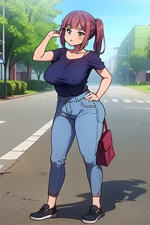 (highest quality)、big head、Confused face、(big breasted clara:1.2) On the street wearing blue jeans and shirt、whole body、erect nipples、ahegao、(BIG ASS)、nipples