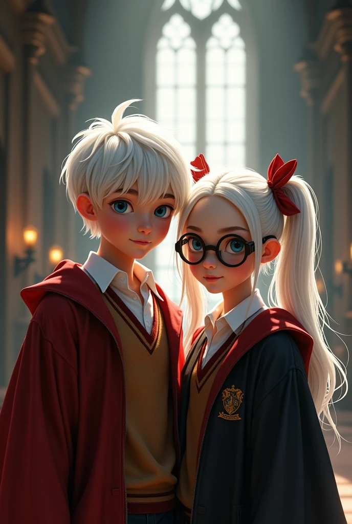 เด็กผู้ชายอายุ 15, เขามีผมสีขาว, ผมปัดไปทางซ้าย โบว์สีแดงบนหัวเหมือนเด็กผู้หญิง, ตาฟ้า, สวมชุดกริฟฟินดอร์ ไม่สวมเสื้อคลุม, ยืนอยู่ในห้องโถงของฮอกวอตส์, ท้องฟ้าตอนนี้เก่าแล้ว, แสงสีขาวส่องเข้ามา, ยืนคู่, A girl, she has white hair, Tie your hair on two sides, one side in front and one side in back, with a red bow , blue eyes, black-rimmed glasses, wearing the Gryffindor uniform, standing in the Great Hall of Hogwarts, the sky looks old, white light shines in, the girl's face is  broadly