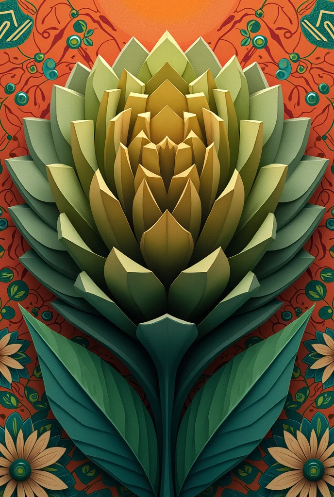 geometric , flower , green brown, patterns , with a geometric background 