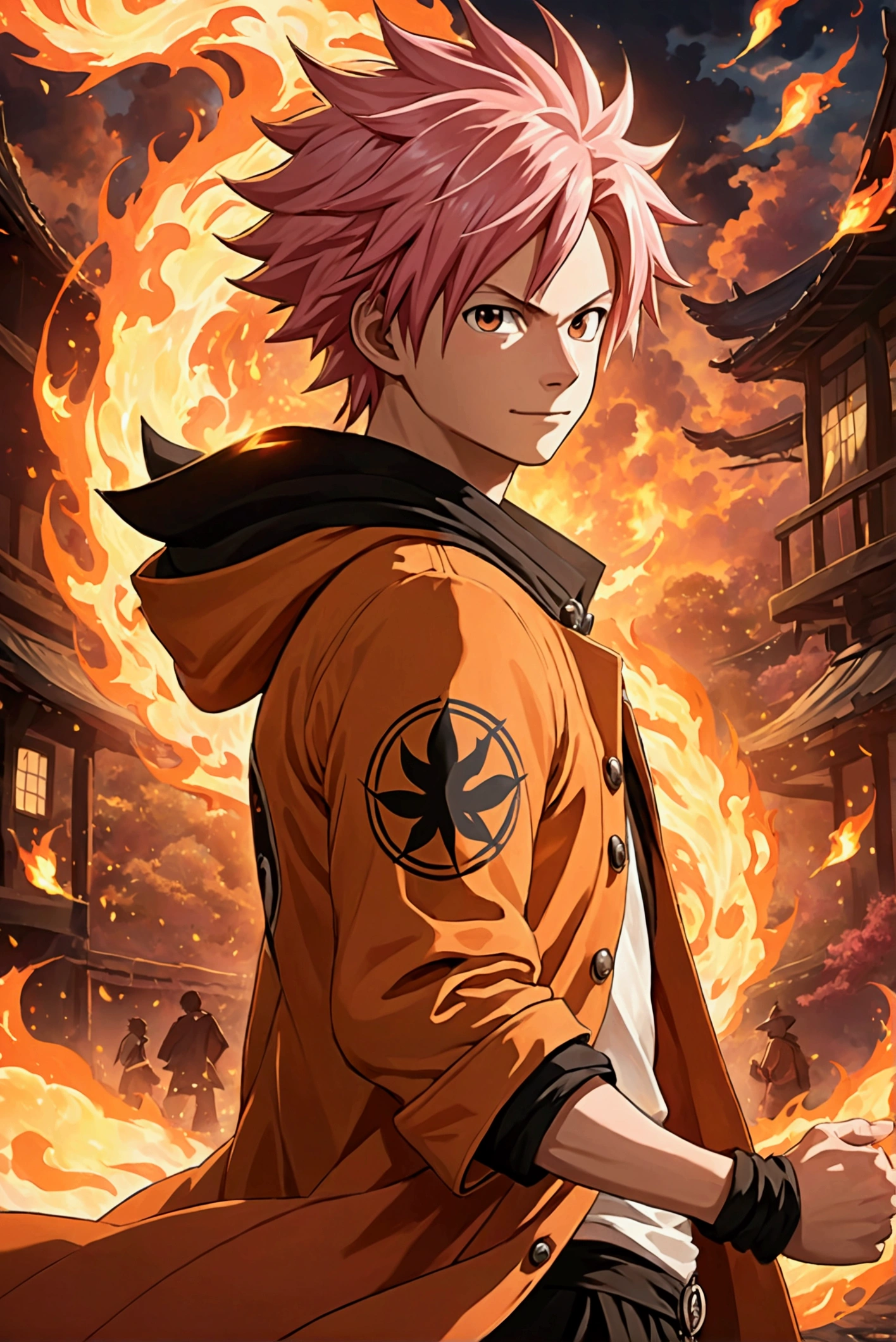 1 boy, with spiky pink hair, orange coat, black pants, with the fairy tail symbol on his right arm, using his famous fire technique - detailed illustration of the character Natsu Dragneel - incredible details, Dynamic background