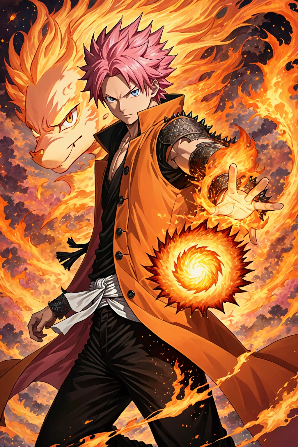 1 boy, with spiky pink hair, orange coat, black pants, with the fairy tail symbol on his right arm, using his famous fire technique - detailed illustration of the character Natsu Dragneel - incredible details, Dynamic background