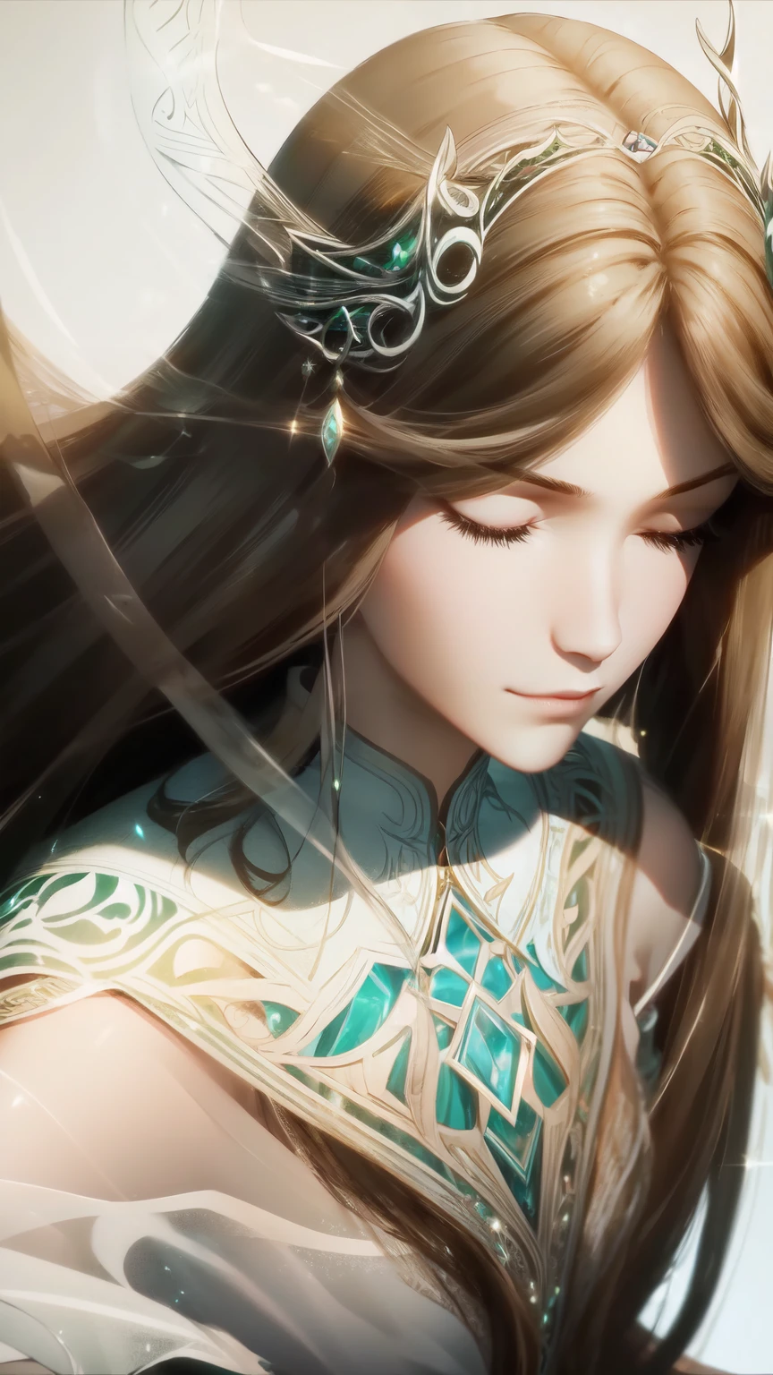 "A young woman with long, flowing brown hair that cascades down her back, tied with a ribbon. She has delicate, fair skin and bright, expressive eyes that sparkle with a hint of mischief and intelligence. Her attire is an elegant, traditional Chinese dress in shades of white green, adorned with intricate patterns and a slight aura of light around her, symbolizing her supportive abilities as a spirit master. She carries an air of grace and nobility, reflecting her status as the daughter of the Seven Treasures Glazed Tile Clan