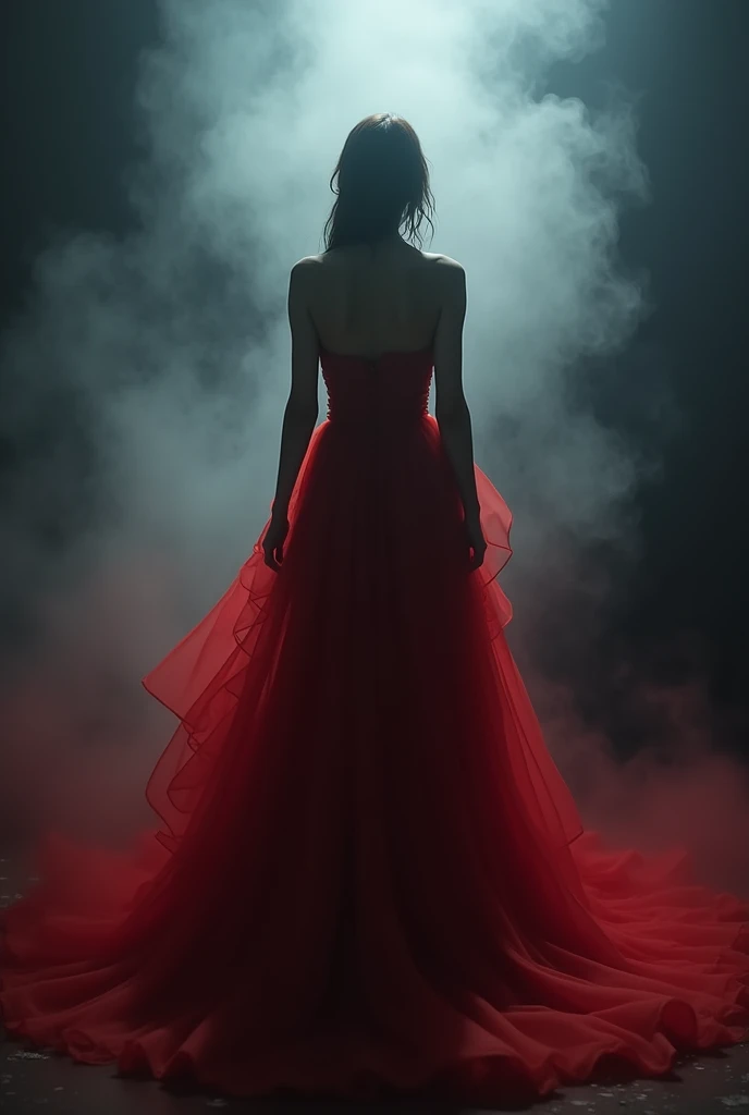 a perfect woman, perfect body, body is fading away in smoke, wearing a detailed red gown, shadowy figure, mysterious dark fog, horror atmosphere, intricate details, dramatic lighting, dramatic pose, cinematic, moody colors, dark fantasy, chiaroscuro, sci-fi, hyperrealistic, (best quality,4k,8k,highres,masterpiece:1.2),