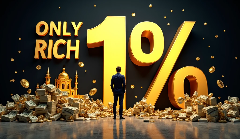 Bold Text: The key phrases like "Only 1%" or "Get Rich" would be prominently displayed in large, bold fonts. The text might be in contrasting colors like white or gold against a dark background to make it stand out.

Background: The background could feature luxurious imagery, such as a pile of cash, a golden vault, or an opulent mansion, suggesting the wealth that only a small percentage achieve.

Person: The thumbnail might feature a confident or wealthy-looking individual, possibly dressed in a suit or holding something symbolic of wealth, like a stack of money or a key. Alternatively, it could show a small group of people standing out from a crowd, emphasizing the exclusivity of the 1%.

Color Scheme: Gold, black, and dark blue are common colors to convey wealth and sophistication, contrasted with bright colors like white or yellow to highlight key text.

Graphics/Icons: You might see icons like a diamond, gold bars, or a pie chart with a small segment highlighted to represent the "1%" who are successful.

The overall design would aim to create a sense of intrigue and aspiration, encouraging viewers to click to find out how they could potentially be part of that elite 1%.


