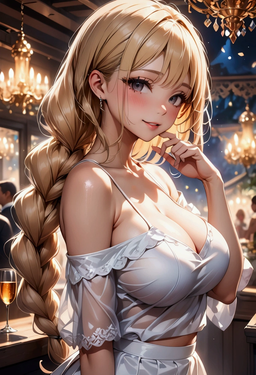 1girl, low-braided long hair, sideview, one hand touching lips, blonde, double-parted bangs, parted lips,  large breasts, sideboob, ((intricate short dress)), off-shoulder, midriff, blushing, (party scenery),indoors, light smile, ((masterpiece, best quality:1.2)),((masterpiece:1.2)), ((best quality:1.2)), (ultra-detailed:1.2), intricate details, ai-generated