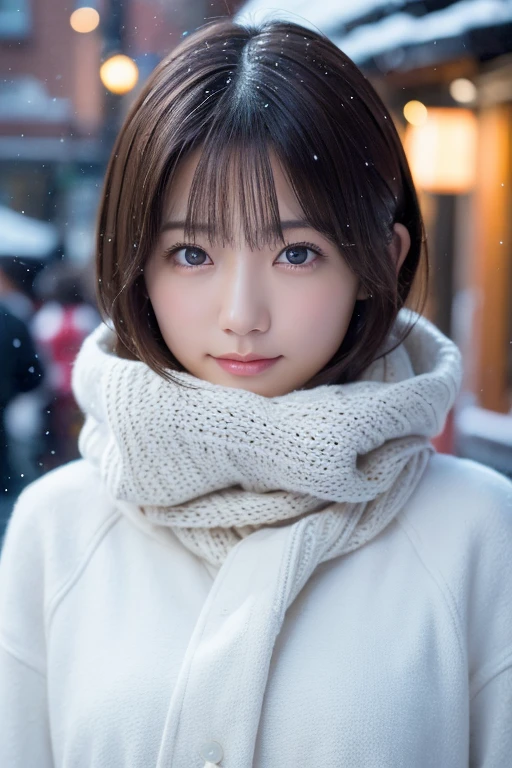 masterpiece、Highest quality、High resolution、Japanese women、(RAW Photos, Highest quality), (reality, Realistic:1.4) Tabletop、reality的、Stereoscopic lighting、Professional Lighting、Face Light、Smooth lighting、sexy、Sunburned skin、very detailed eyes and face, Beautiful and detailed nose, beautiful eyes, Perfect Anatomy、Bobcut、Brunette Hair、Iris、Gazing silently at the falling snow. Christmas streetscape、Cute muffler、Smiling in her winter outfit