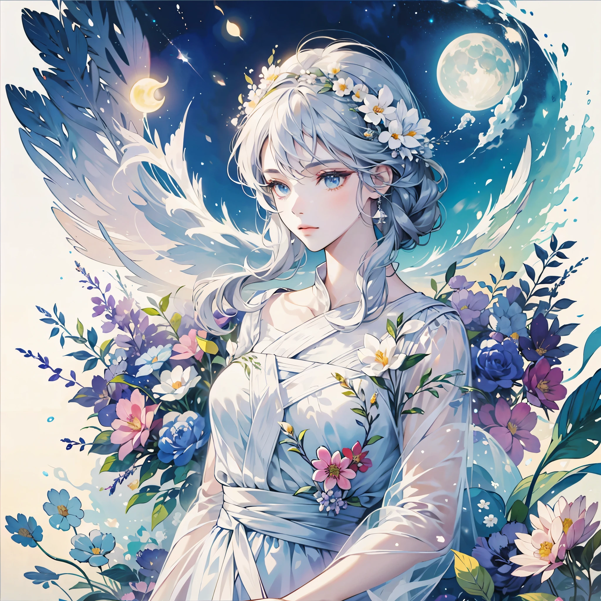 （（best qualtiy））， （（tmasterpiece）） themoon， god of moon， goddes， florals，exquisite facial features