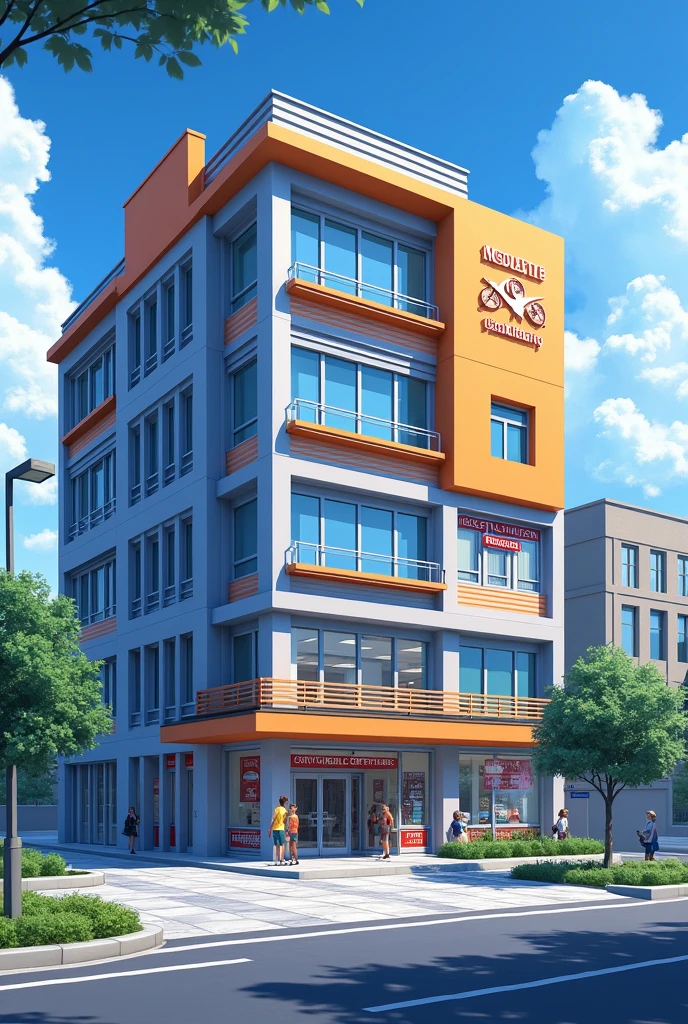 This is a main entrance for a university. A four story building which has a rectangular floor area. The students will enter to the building from the first floor level, which is with the road level. Then they have to go down to the ground floor to enter the university. In this floor a convenient store and medical center are located. An administrative office is on the second floor and a student lounge is on the third floor. The first floor level also has a drive through. I want to highlight blue and orange colors