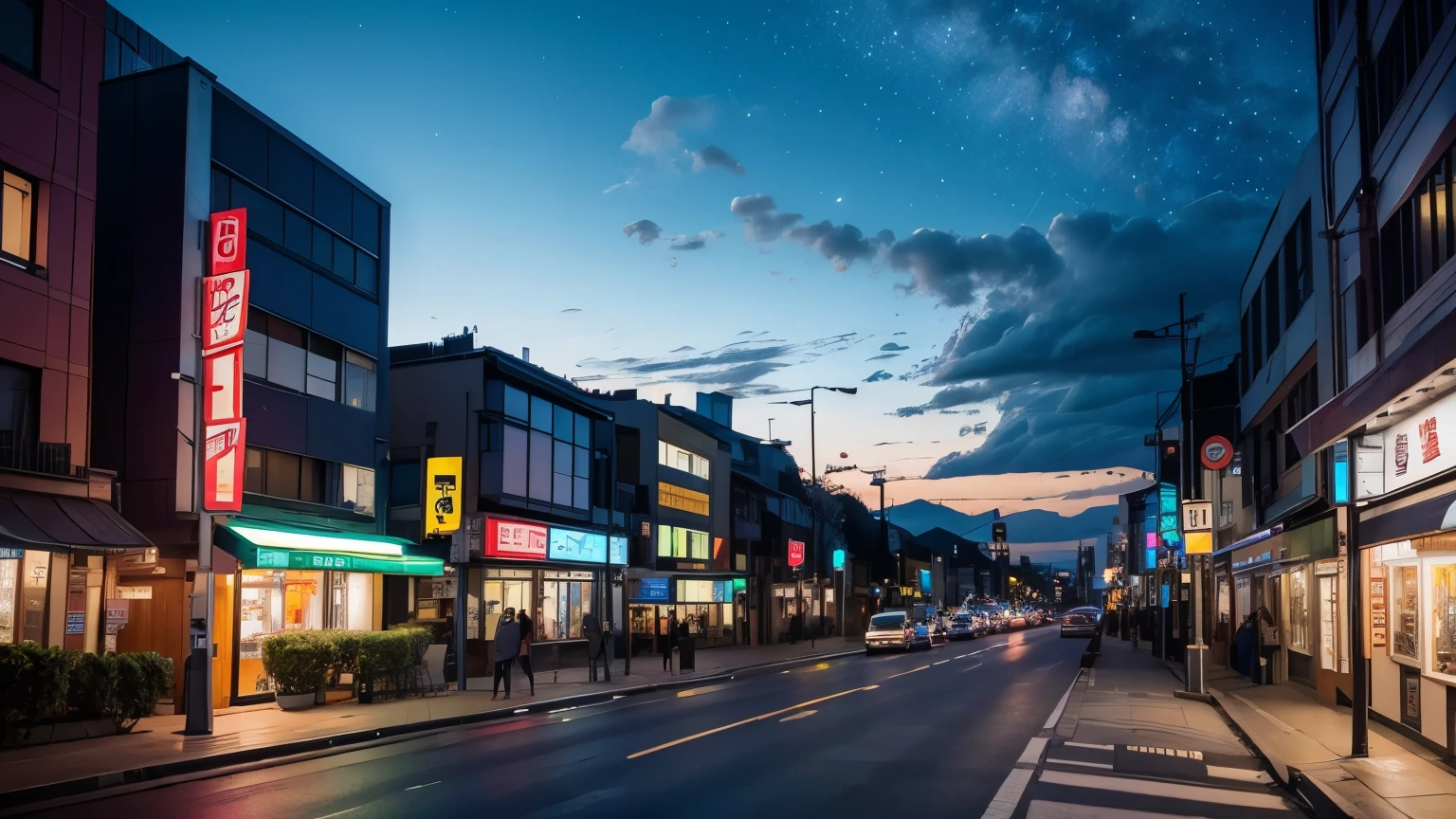 Night sky, Many stars, green blue molecular cloud, the last rays of sun on the horizon, Street in Shibuya