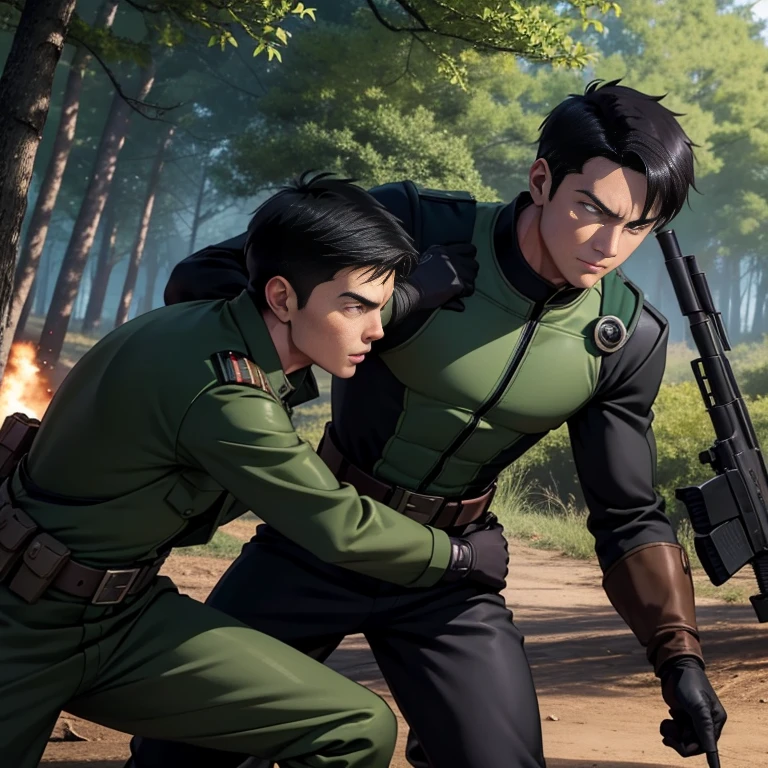 anime、Zeon Army soldiers、30 years old,Two Men,、Dark green military uniform、Shocker Belt、Black gloves、Brown boots、With a handgun on his hip、In the woods、Surrounding explosions and blast waves　logic, ,Black Hair。Pretty short and even shorter short hair、Handsome soldier　Asian Face　The crotch area of my pants is bulging　Fighting a man in a black full-body suit
