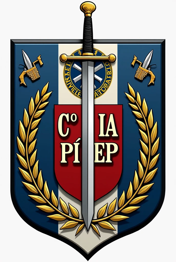 Create a coat of arms with the name "2° CIA - CFAP PMMA" with features of the Maranhão flag, symbol of the Brazilian Military Police, two crossed weapons and a sword.