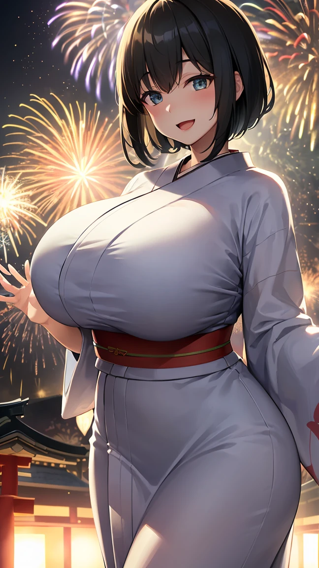 (mature woman, 45yo:1.5), (gigantic breasts:1.4), (curvy body:1.3).high resolution, extremely detailed CG, unity 8k wallpaper, super detailed skin, perfect anatomy, detailed, cinematic lighting, dynamic lighting, beautiful detailed eyes. (Japanese Festival, in the Festival with fireworks:1.6), (walking:1.2), gigantic breasts.
(yukata:1.5), her hair is short and black、Your smile is wonderful and open mouth. The skin is radiant. heart.