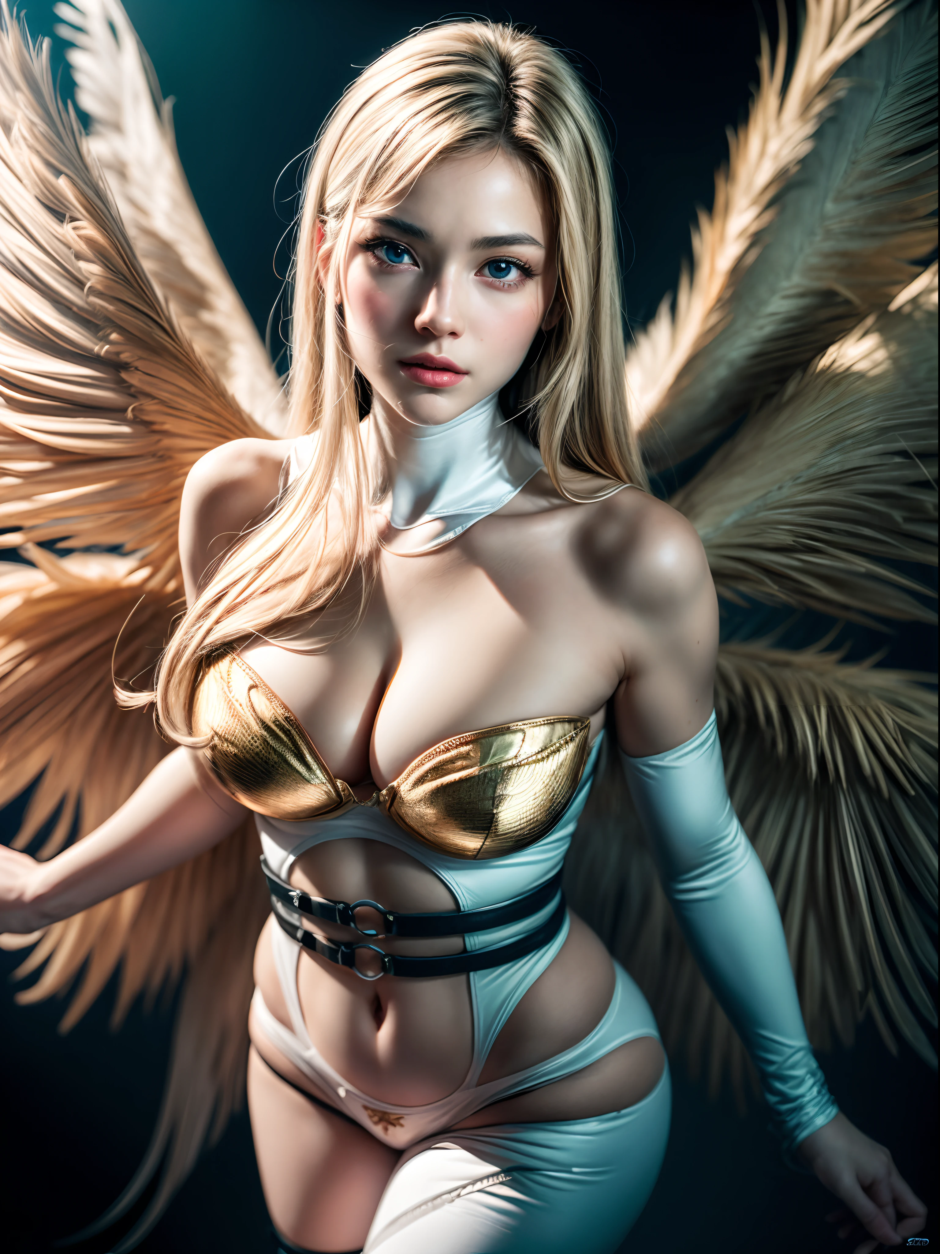 (masterpiece, Best Quality:1.4), (future days), (standing:1.5), (dynamic angle), 1 girl, Alone, (European youth:1), Angewomon, digimon, blue eyes, by rubio, white multiple wings, White wings, Hagoromo Rosa, unique glove, Strapless, Body blanco, (gold Strapless bra:1), black tape, two belts, beautiful face, very detailed eyes, Very detailed face, very detailed skin, skin pores, subsurface dispersion, realist pupils, medium chest, full face blush, full lips, detailed background, depth of field, volumetric lighting, sharp focus, absurdities, realist proportions, good anatomy, (realist, hyperrealist:1.4), 16k hdr,