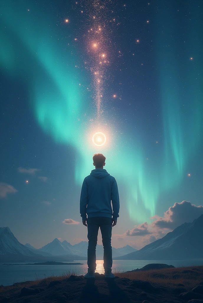 A person, from back view,reflection of cosmos inside the body,surrounded by the universe, twilight, sparks, stars, moon,aurora borealis effect, 4k visual effect, inquiring, about himself, grave, silent, interrogation point on his head, visual effect 3d