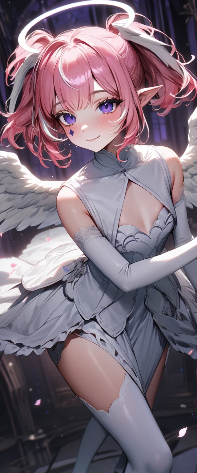 UHD, masterpiece, best quality, extremely detailed, anatomically correct, sharp focus, Midnight, purple moon, Church , altar isle, falling petals, ((full body portrait)), 1girl, solo, camilavtuber, ((pink hair)), short hair, shoulder length hair, curly hair,  white halo,(white head wings:1.5), (twin ponytail:1.5), purple eyes, (facial mark), smiling, slim arms, white laced arm sleeves, white gloves ,small chest, (angel wing:1.3), white wedding gown, high slit gown, slim legs, white laced stockings, white high heels, full body shot, close up, innocent pose, Eye-Level Shot, front view, innocent pose, scattered petals