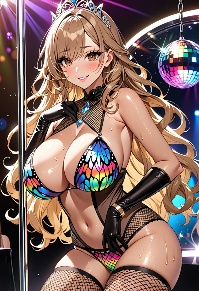 (Highest quality, Ultra-high resolution、The most complex and detailed depiction、masterpiece、8k, RAW Photos, Best image quality、Very detailedな顔、Attention to detail、Beautiful woman、Realistic、photo-Realistic、Very detailed, Beautiful attention to detail:1.5),(One adult woman:1.3)、(blush)、(Gal-style makeup、mascara 、eyeshadow、Dark eyeliner、Long and beautiful eyelashes、False eyelashes、double eyelid、heavy makeup、hostess、Brown eyes、:1.5),(A bra with a pale rainbow gradient butterfly pattern、Light rainbow gradient butterfly pattern panties:1.5)、Gorgeous jeweled necklace、Gold bracelet、A gorgeous gold tiara studded with jewels、Sheer black lace dress、Mesh fabric、Fishnet tights,(Black opera gloves)、(A seductive smile),(under boob、Huge breasts:1.2)、(Cleavage:1.2)、(((Light brown hair、Wavy Hair、Long Hair)))、elongated nose、Face with gills、(Very tanned and shiny skin、Perfect Style,sexy)、Saggy breasts、Large saggy breasts、((Sweat、Your body is wet))、((Dim Club、pole dance))、(Mirror ball)、Sleepy face