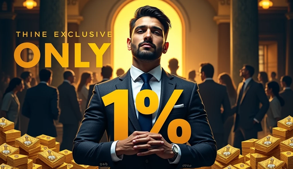 Bold Text: The key phrases like "Only 1%" or "Get Rich" would be prominently displayed in large, bold fonts. The text might be in contrasting colors like white or gold against a dark background to make it stand out.
Background: The background could feature luxurious imagery, such as a pile of cash, a golden vault, or an opulent mansion, suggesting the wealth that only a small percentage achieve.
Person: The thumbnail might feature a confident or wealthy-looking individual, possibly dressed in a suit or holding something symbolic of wealth, like a stack of money or a key. Alternatively, it could show a small group of people standing out from a crowd, emphasizing the exclusivity of the 1%.
Color Scheme: Gold, black, and dark blue are common colors to convey wealth and sophistication, contrasted with bright colors like white or yellow to highlight key text.
Graphics/Icons: You might see icons like a diamond, gold bars, or a pie chart with a small segment highlighted to represent the "1%" who are successful.
The overall design would aim to create a sense of intrigue and aspiration, encouraging viewers to click to find out how they could potentially be part of that elite 1%.