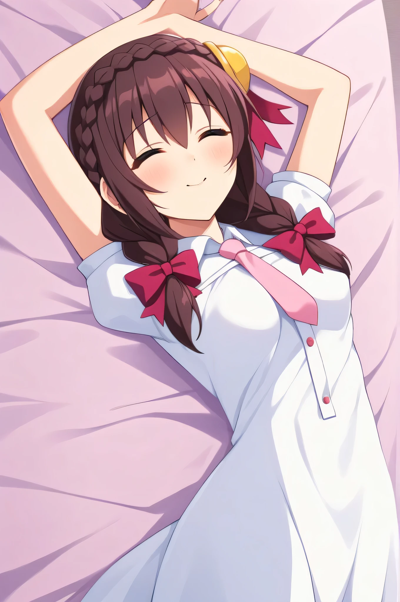 alone, One person, Yunyun, (♥)、Crown braids of the same color as your hair, hair ornaments, Hair Ribbon, Pink tie, White dress, Sleeping in bed、heart、♥、Stretching