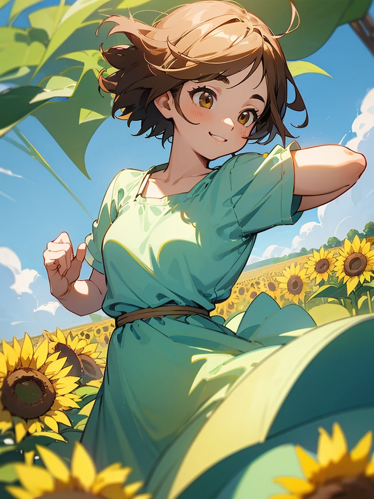  master piece, best quality, for below, cinematic angle, upper body , pigeon toed,  
Anime-style Moe illustration, summer vacation theme, 20-year-old woman, sunflower field, short hair, 
Picnic Maxi Dress, slightly inner thighs, smile, accurate drawing, Active pose, Active Angle, 