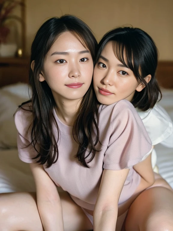 (Masterpiece, Best quality:1.3), (Ultra realistic, Photo-realistic:1.2), Natural light, 28 years old actress, Japanese beautiful 2 women, Neat and clean, (School uniform:1.2), (unbutton:1.1), white sock, (Ponytail:1.2), (Beautiful faces), Oval face, clear, Beautiful eyes, Kind eyes, Clear skin, Small face, Beautiful mouth, Small mouth, Natural makeup, Approachable, Seductive smile, (Seductive pose:1.2), Beautiful thighs, Bedroom eyes, Embarrassed, Blush, Luxury hotel Suite room, On bed, (nsfw:1.1), obscene reality of girls, (lesbian couple, petting together:1.1), grabbing crotch, erotic hug, arms behind back, Spread legs,