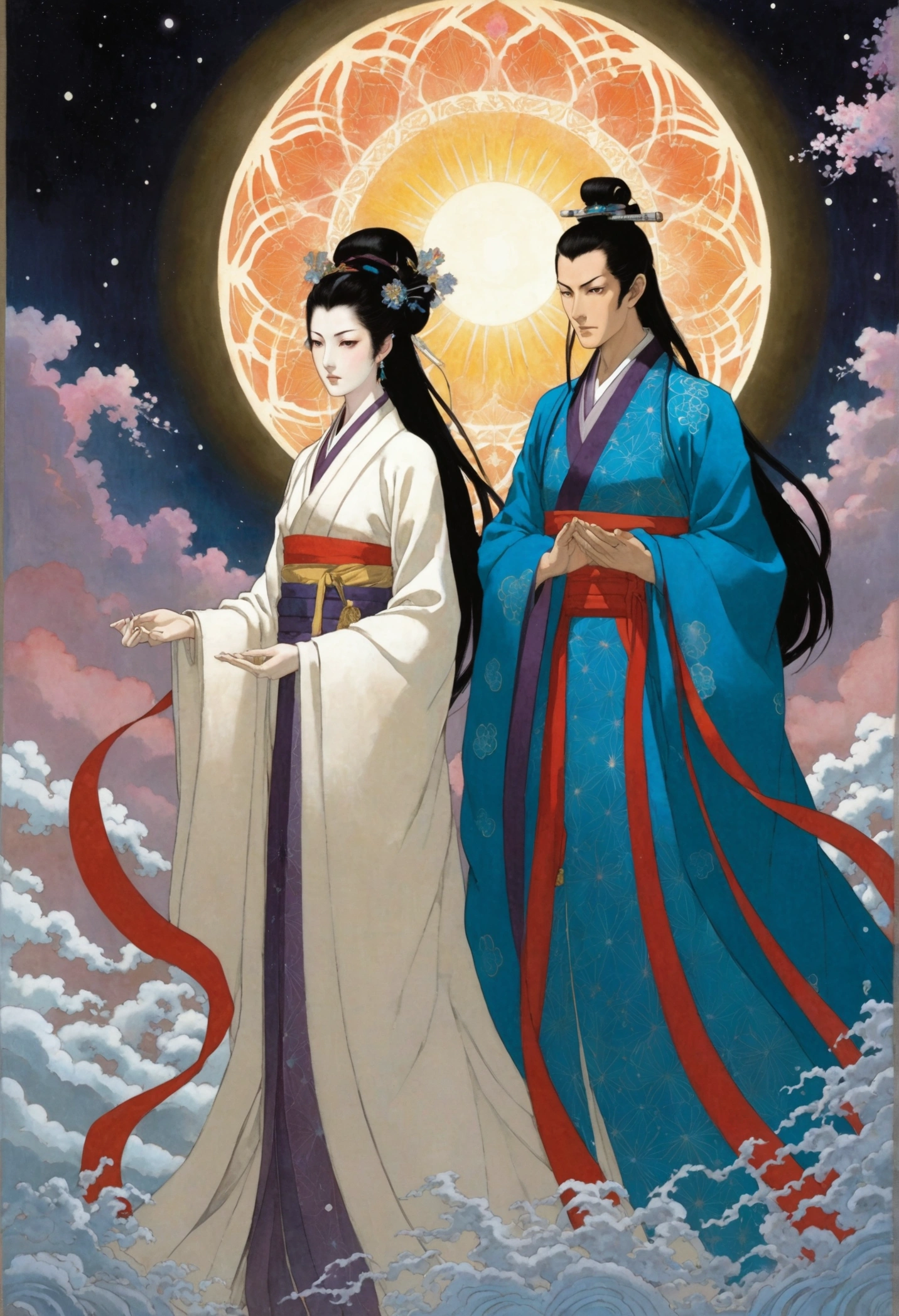 Prompt:
Izanagi and Izanami are depicted majestically in the ethereal realm of Takamagahara, surrounded by an aura of divine light. Other gods, ethereal and luminous, float gracefully around them, their forms shimmering in the celestial glow. The sky is a swirling mix of vibrant blues and purples, signifying the chaos of unformed creation. Izanagi and Izanami stand firmly, their expressions resolute as they grasp the heavenly jeweled spear, Ame-no-Nuboko, which gleams with an otherworldly iridescence, reflecting the birth of their divine determination to create the land.