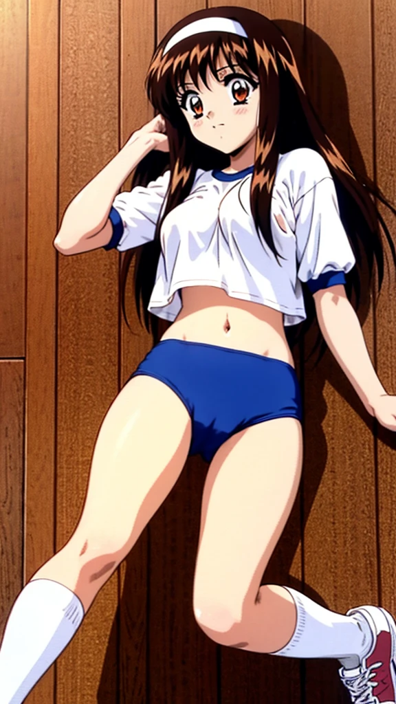 Yuuki Mizuho, One person, alone, Long Hair, hair band, Brown Hair, (gym uniform,(blue brown:1.2), (white shirt, short sleeves:1.2), thighs:1.3),(navel:1.3),(cameltoe:1.3),large breasts,(puffy nipples:1.2), It's not a leotard., Open your mouth, blush, Lips parted, liar, locker room, To the audience, From below, retro artstyle,White knee socks, sneakers, 1990s (style), expensive quality, very_expensive_solve, big_file size, Full Color,nsfw,