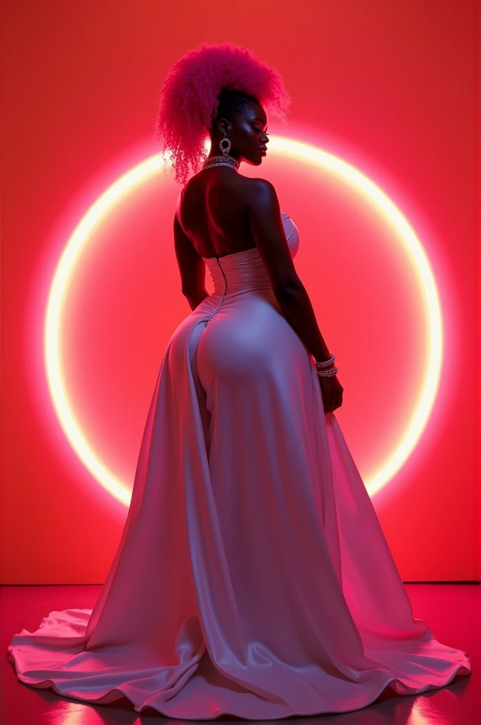 objective, a dark skin Dravidian Moor beauty with insane ass, UHD, extremely long (floor-length) hairstyle, focus, neon wavy hair mohawk, tiny waist:2, ultra high resolution skin, Womancore, dimly lit coral room with neon ppink ring, DSLR, Vaporwave, wearing long white gown billowing, thick legs, size zero waist chest with huge ass, by DynastySeries, tiniest waist:2, body lit, no nudity #HUGEASS (worlds 🌎 largest buttocks) Huge Ass