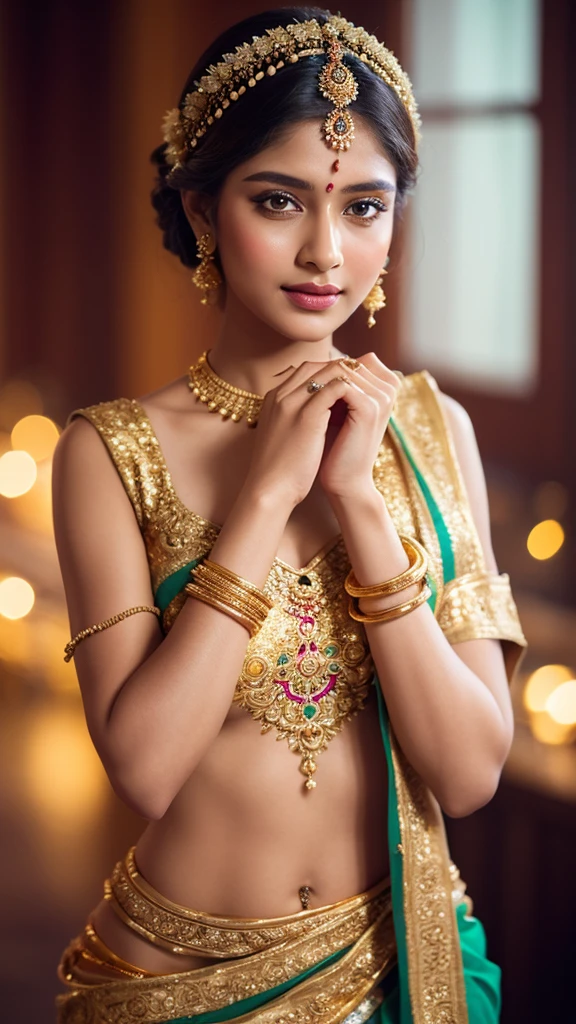 a beautiful young woman, 1girl, indian traditional dress, sari, ornate gold jewelry, mehndi hand painting, intricate floral headpiece, elegant pose, soft lighting, cinematic composition, vibrant colors, highly detailed, photorealistic, 8k, best quality