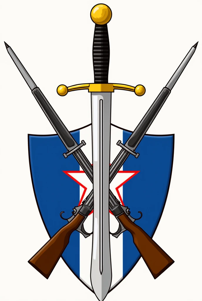 Create a coat of arms with the name "2° CIA - CFAP PMMA" with features of the Maranhão flag, symbol of the Brazilian Military Police, two crossed weapons and a sword.