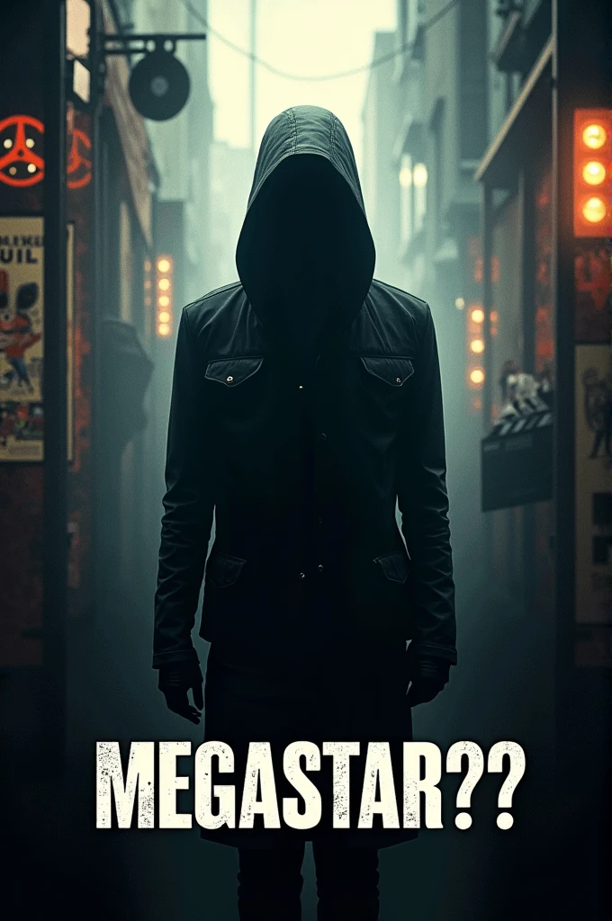 Design a captivating movie poster featuring a mysterious figure. The central character should be pixelated, hinting at anonymity. Surround them with elements like film reels, clapperboards, and blurred movie posters. Add bold text at the bottom that reads ‘MEGASTAR??’ to pique curiosity about their identity and industry status.”