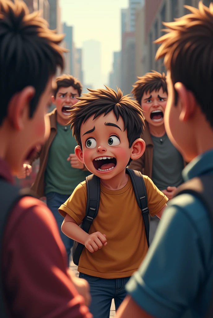  people come over here to help boy 
Any boy laughing people angry 