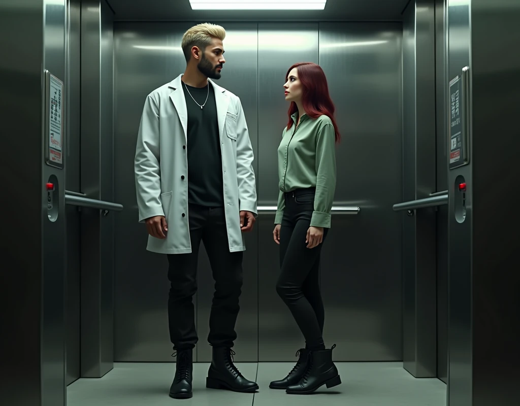 Photorealistic, cinematic, attractive young man (216cm tall:1.5) with crew cut platinum blond wavy swept-back hair, dark skin, long black stubble, Arabic-Egyptian features, white lab coat over a black t-shirt, black cargo pants and black boots, standing inside elevator next to a young woman chest height (170cm short:1.2) vibrant maroon side-parted medium-length wavy hair, very pale skin, soft green silk work blouse, low-rise black pants and black boots. 