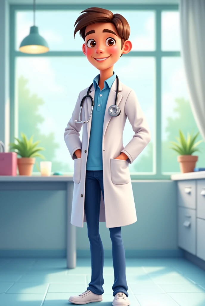 Male doctor, White skin, short straight brown hair, wearing a white doctor's coat, with stethoscope, blue shirt, jeans and white shoes, disney style