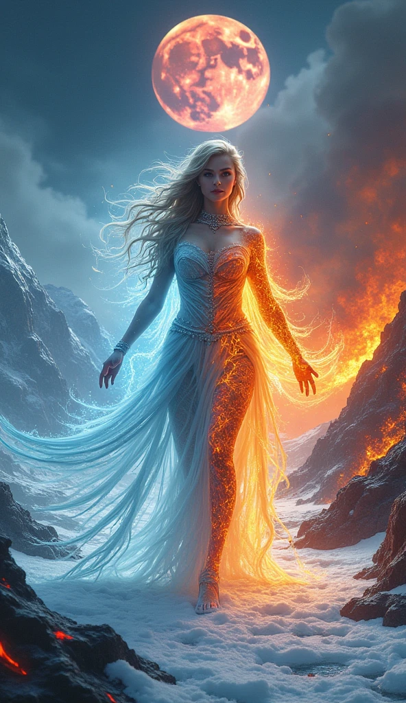a woman, whose right side is made of ice and snow and the left side of fire and lava, stands on a landscape that corresponds to the halves of her body, with mountains, and volcanoes, a full moon in the sky --Chaos 100