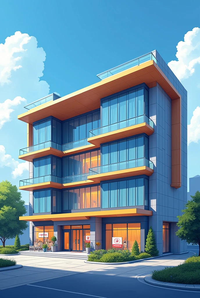 This is a main entrance for a university. A four story building which has a rectangular floor area. The students will enter to the building from the first floor level, which is with the road level. Then they have to go down to the ground floor to enter the university. In this floor a convenient store and medical center are located. An administrative office is on the second floor and a student lounge is on the third floor. The first floor level also has a drive through. I want to highlight blue and orange colors 