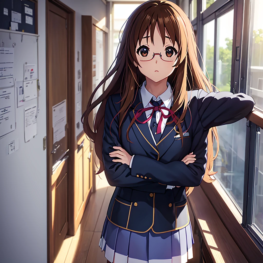 Masterpiece,K-ON!,Kyoto Animation,(Fraction_9, Fraction_8_direction_7_superior), detailed, Realistic professional female looks，Are standing，Half-body photo，Cross your arms,Long Hair，kind, Glasses, teacher，In the classroom，High resolution，Clear character silhouette，Sharp detail on the face，
